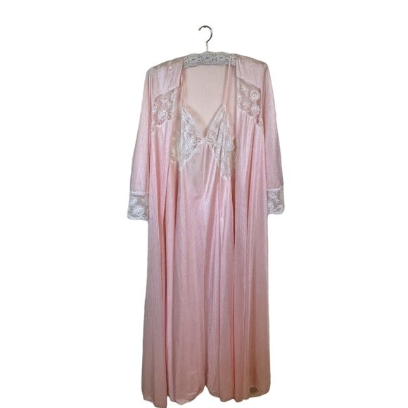 Vtg Miss Elaine Nylon Lace Nightgown & Robe Set Womens Neglige Union Made M